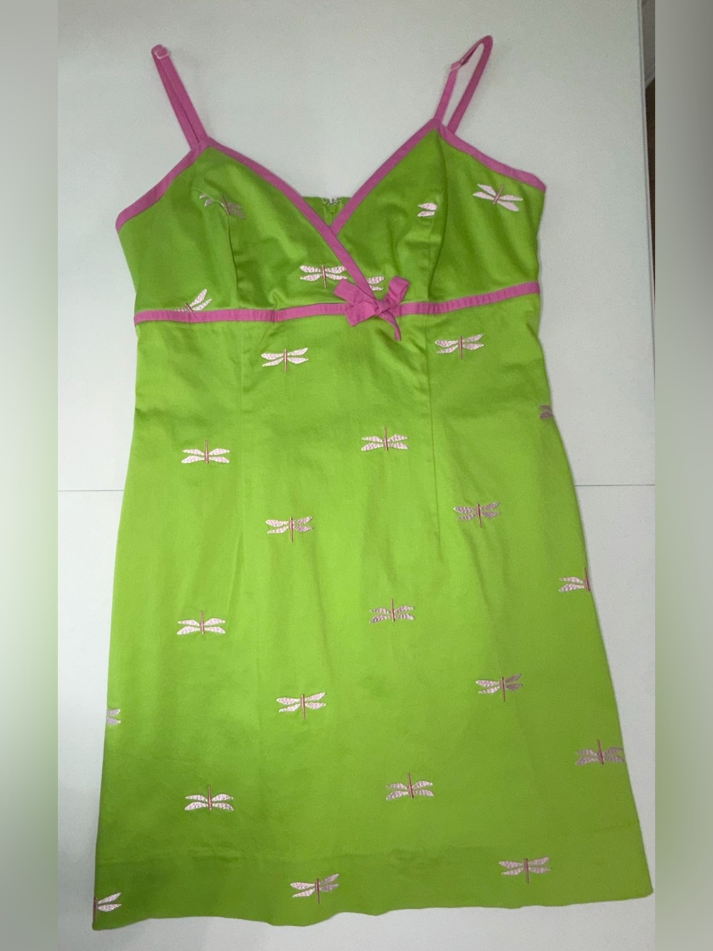 Lilly Pulitzer Dragonfly Dress Size 6 Green Pink Embroidered Vintage Cotton Bow